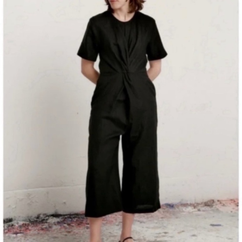 ✅ Shaina Mote Jumpsuit Verana Front Twist Wide Leg Crop in Black Linen